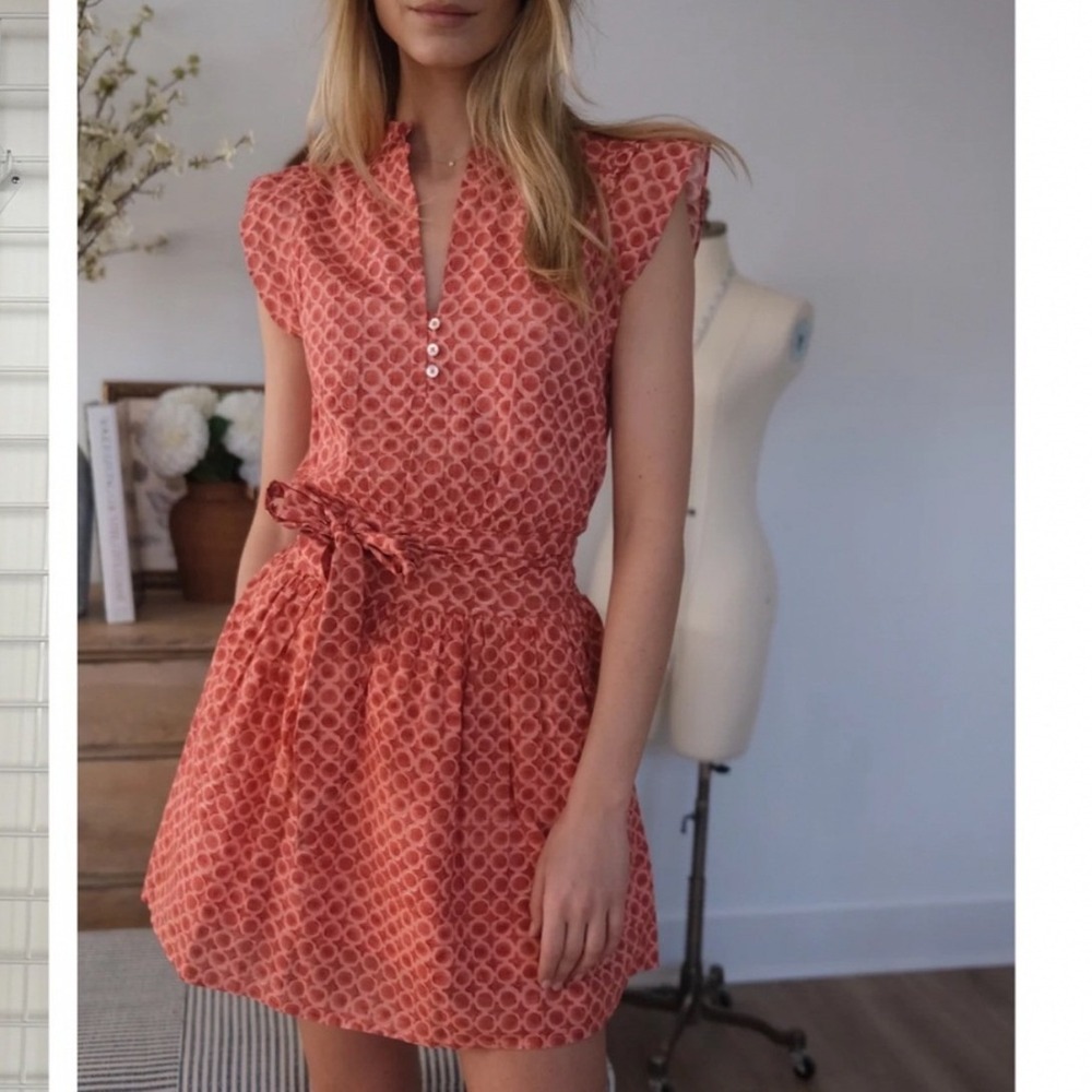 Marea by Liz Joy Liz Dress XS Coral Pink Geometric Cotton Smocked Mini Dress